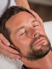 Obraz premium Relaxation Therapy Session for a Man Receiving a Soothing Head Massage in a Tranquil Spa Environment