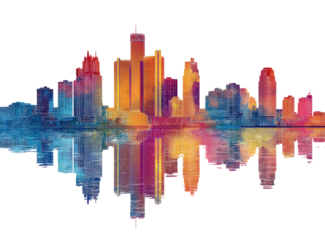 Abstract cityscape skyline reflected in vibrant sound waves.  Colorful buildings mirrored across water, creating a rhythmic visual