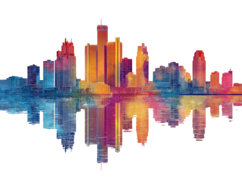 Abstract cityscape skyline reflected in vibrant sound waves. Colorful buildings mirrored across water, creating a rhythmic visual