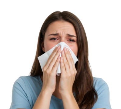 Caucasian young female sneezing into tissue - cold and flu symptoms. Cut out PNG