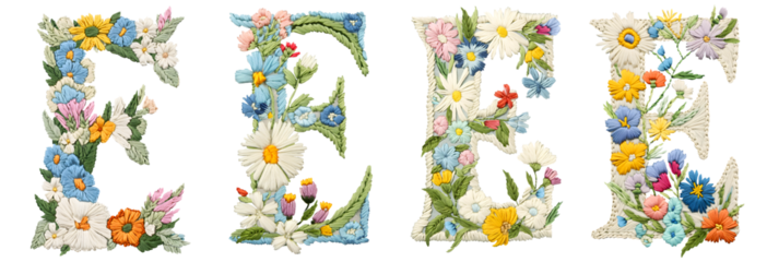 Floral embroidered letter E. decorative stitched capital for monograms, alphabet projects, family initials and scrapbooking