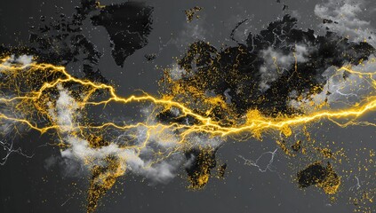 Global network, world map, overlaid with a lightning strike graphic.