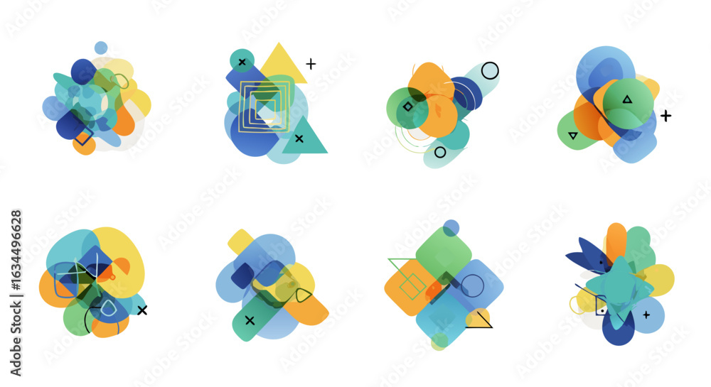 Poster abstract compositions with geometric elements floating on a white surface aesthetic style