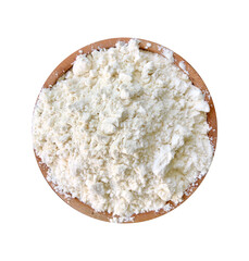 flat lay of flour in a wooden bowl isolated on white background