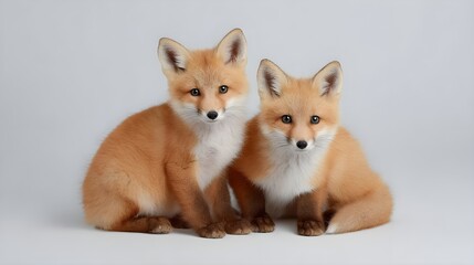 High-Resolution Studio Portrait of Two Infant Red Foxes Exhibiting Symmetrical Composition and Soft Lighting in Neutral Background