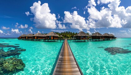 Tropical paradise resort with overwater bungalows in crystal-clear turquoise waters ideal for luxury travel, honeymoons or exotic holidays in the Maldives