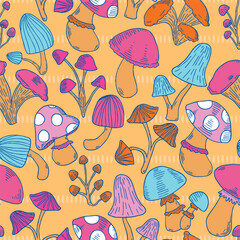 Whimsical pattern features a vibrant variety of hand-drawn mushrooms in playful, unexpected color combinations. The quirky illustration style and bright palette give the pattern a fun, retro feel.