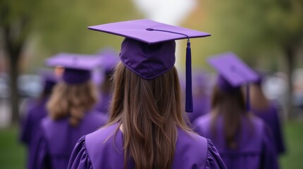 A student, back turned, in a purple graduation gown with brown hair and a tassel. Other graduates blurred