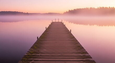 Obraz premium Wooden dock extends across calm lake at sunrise