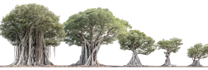 A panorama of banyan trees in varying sizes, showcasing growth and diversity