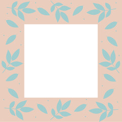 Obraz premium Floral leaf frame. Elegant botanical border with blue leaves on soft peach background. Flat minimalistic vector for invitation, greeting card, or seasonal design.