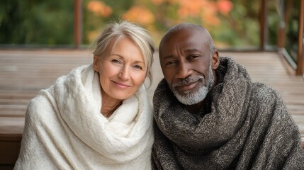 An interracial diversy couple enjoys a cozy moment in autumn. A senior African man with a beard and a senior European woman with blonde hair sit together wrapped in warm blankets.