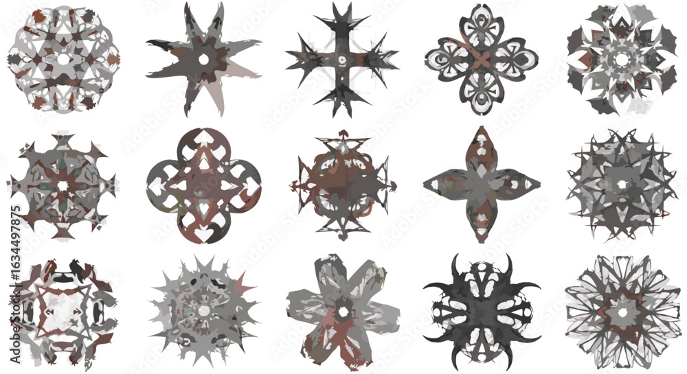 Poster assorted stylized floral and geometric ornaments in grayscale tones creating an ornamental pattern d