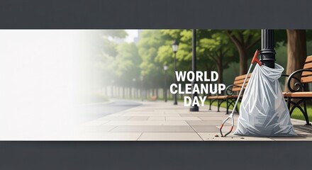 Horizontal banner with clean sidewalk or park path, trash picker and garbage bag by lamp post right side, "World Cleanup Day" text, empty left for ads, fresh and civic.