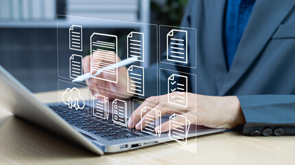 Online document database and management system concept. Automating workflows and document processes to improve business management efficiency and digital productivity.