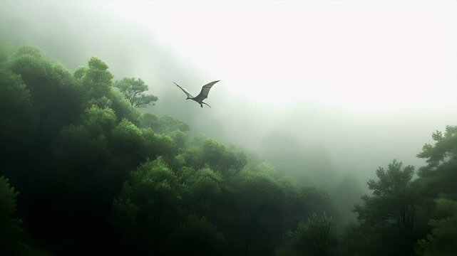 pterodactyl in flight against a misty backdrop.
