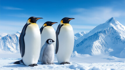 Three adult emperor penguins and a fluffy chick standing on snow with icy mountains under a clear blue sky