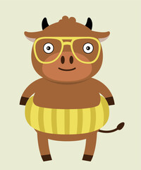 Flat Design Illustration with Bull Wearing Sunglasses and Swimming Pool