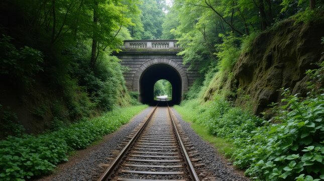 Tranquil railway tunnel surrounded by lush greenery