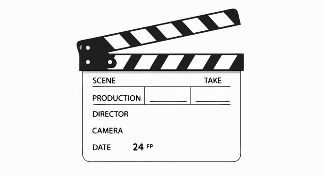 Classic filmmaking device clapperboard isolated on a clean white backdrop, representing film industry equipment and action call 24fps