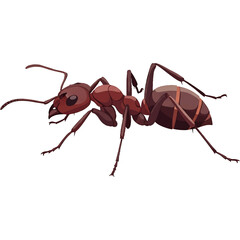 Illustration of a reddish-brown ant with detailed legs, antennae, and segmented body, isolated on a white background.