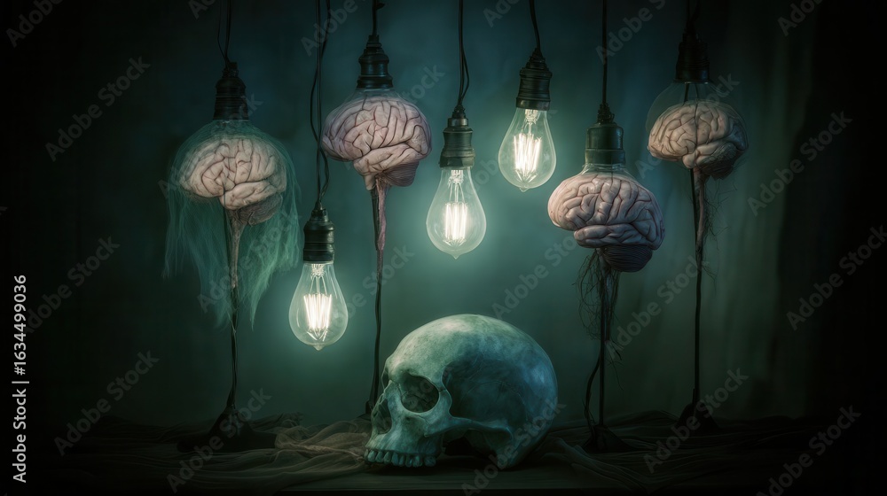 Aufkleber illuminated brains and a skull in a dark setting.