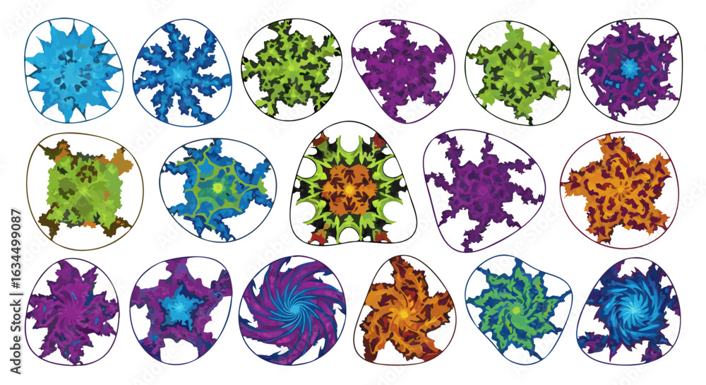 Aufkleber kaleidoscopic organic fractal patterns in assorted shapes displaying symmetry and vibrant colors cre