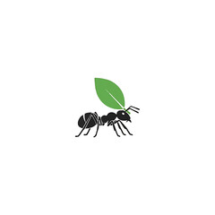 A stylized illustration of an ant carrying a green leaf, symbolizing effort and teamwork.