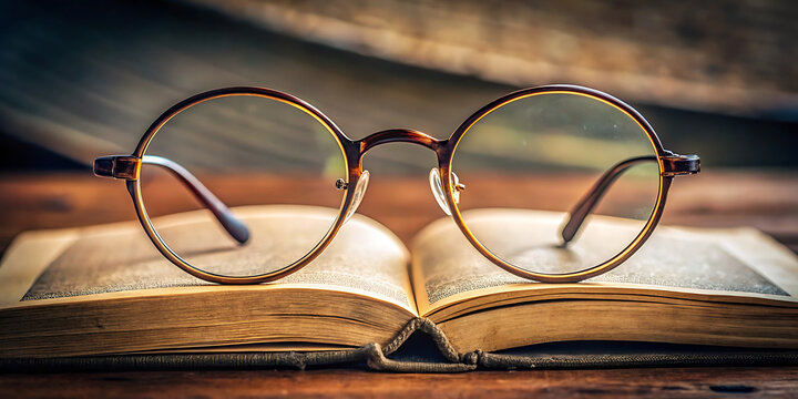 A pair of vintage reading glasses resting on an open, aged book, representing knowledge and history