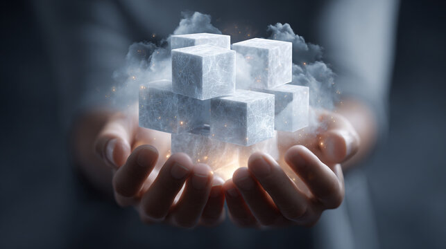 Person holding a collection of white cubes with smoke and light effects