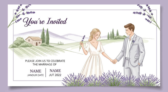 Elegant wedding invitation design featuring a couple holding hands in a lavender field
