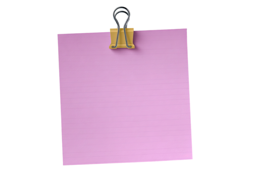 A square, light-pink sticky note, held by a metal paperclip