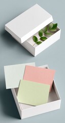 White gift box open, showcasing stationery