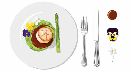 Elegant seafood dish with vibrant vegetable garnishes and dining utensils presented in artful vector graphics