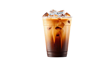 Iced Coffee Drink with Ice Cubes in Clear Glass on Transparent Background