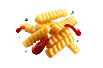 Crispy French Fries with Ketchup and Fresh Herbs on Transparent Background