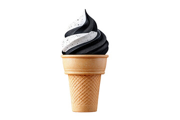 Black and White Swirl Soft Serve Ice Cream in Cone on Transparent Background