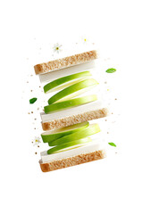 Fresh Green Apple Slices and White Cheese Sandwiches with Flowers and Peppercorns on Transparent Background