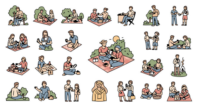Diverse social gathering illustrations depicting people engaging in activities in everyday scenarios and enjoying time outdoors picnic settings,