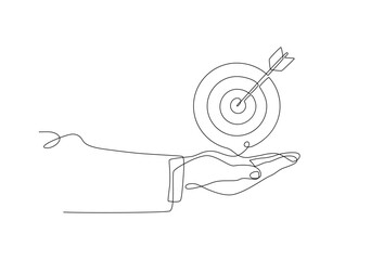 Continuous line drawing, Hand of businessman holding a bow, Business planning strategy symbols, Strategic thinking in a minimalist style. Isolated vector design illustration on white background.