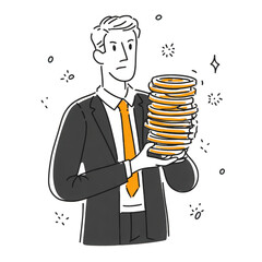 Businessman Holding Large Stack of Coins in Suit with Confident Expression