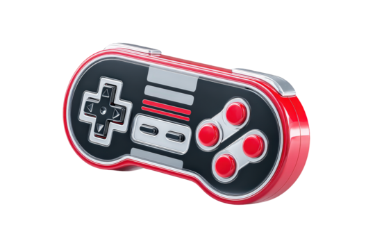 Retro Game Controller with Red and Black Design on Transparent Background