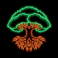 Double-Layered Neon Tree with Jagged Glowing Roots