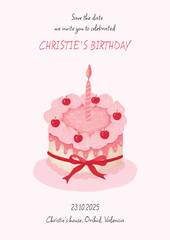 Birthday card invitation pink whimsical cake illustration