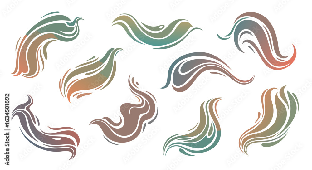 Poster abstract vector graphics comprising swirling, gradient-filled shapes resembling artistic waves or fl