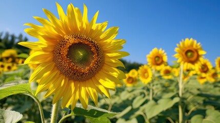 Obraz premium Close-Up of Vibrant Sunflower Blooming in Field Under Clear Blue Sky During Sunny Day, Showcasing Nature’s Beauty and Seasonal Joy