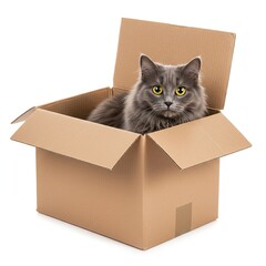 Fluffy gray cat sitting in an open cardboard box