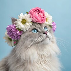 Fluffy cat wearing a beautiful floral crown
