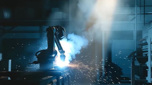 Welding robot working on a steel frame with dramatic lighting