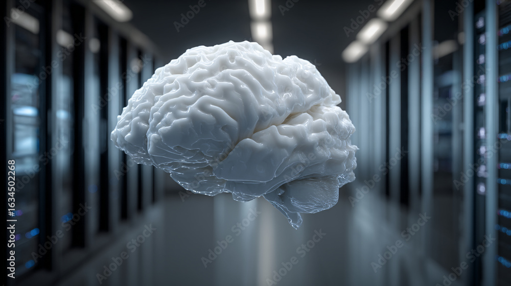 Poster a white brain model floating in a server room with blurred background racks